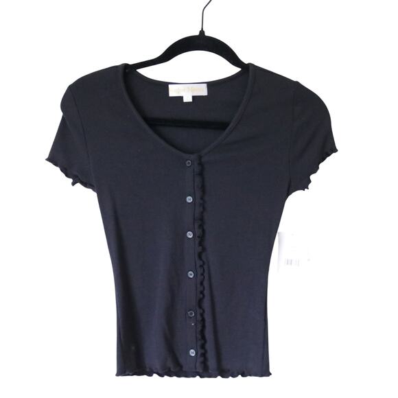 NWT Y2K V-Neck Ribbed Button Down Shirt Black Small - Picture 1 of 6